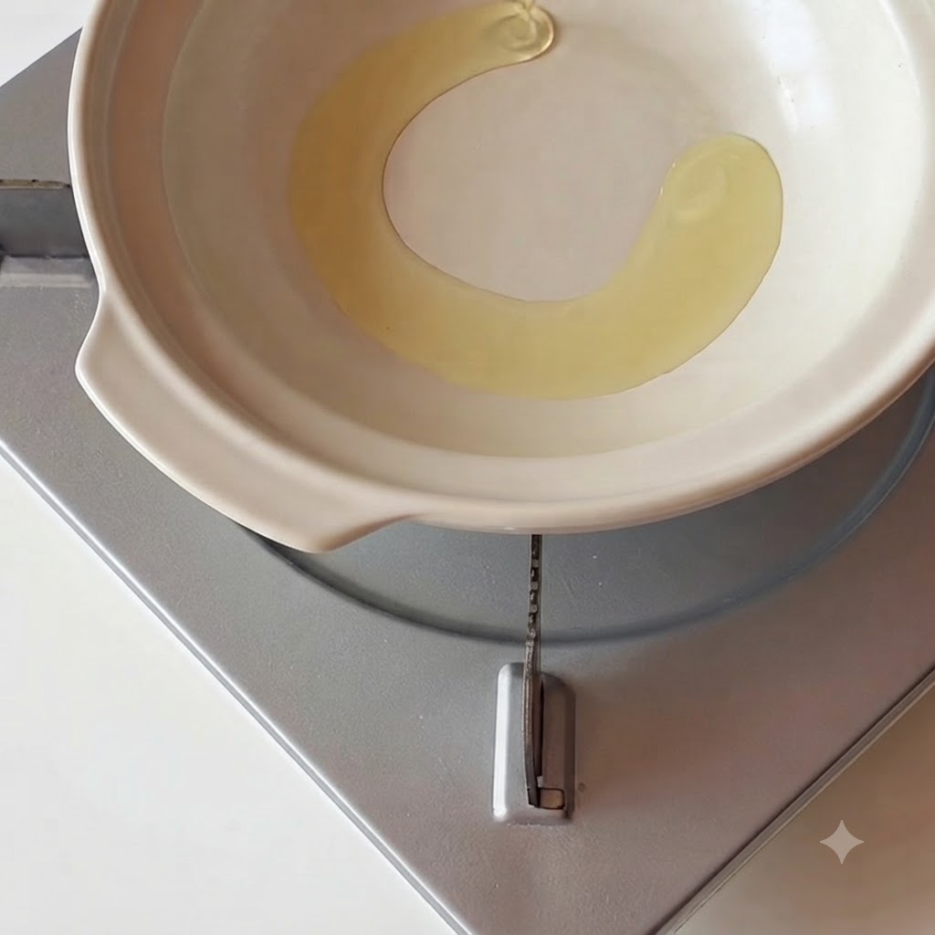 Olio che si scalda in una pentola di ceramica bianca.