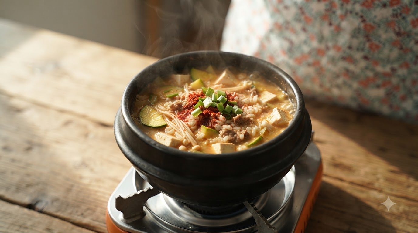 Doenjang Jjigae in stile barbecue coreano con riso