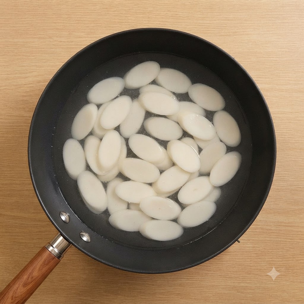 Fette di gnocchi di riso e dumpling sommersi in una pentola dacqua.