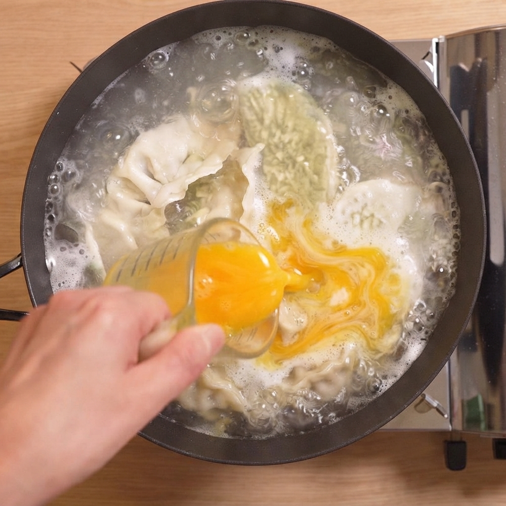 Uova sbattute versate da un misurino nella zuppa bollente.