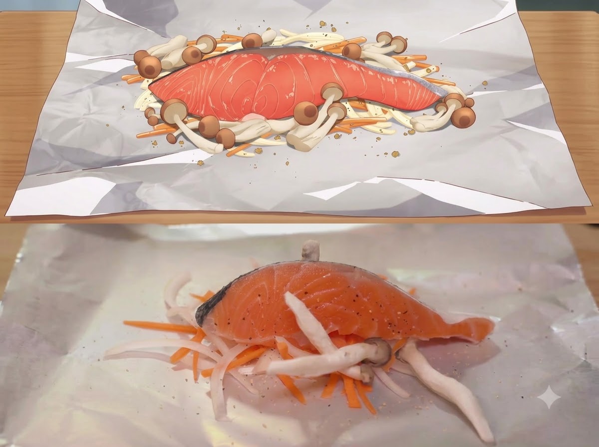 Una piccola noce di burro appoggiata sulla parte superiore del filetto di salmone.