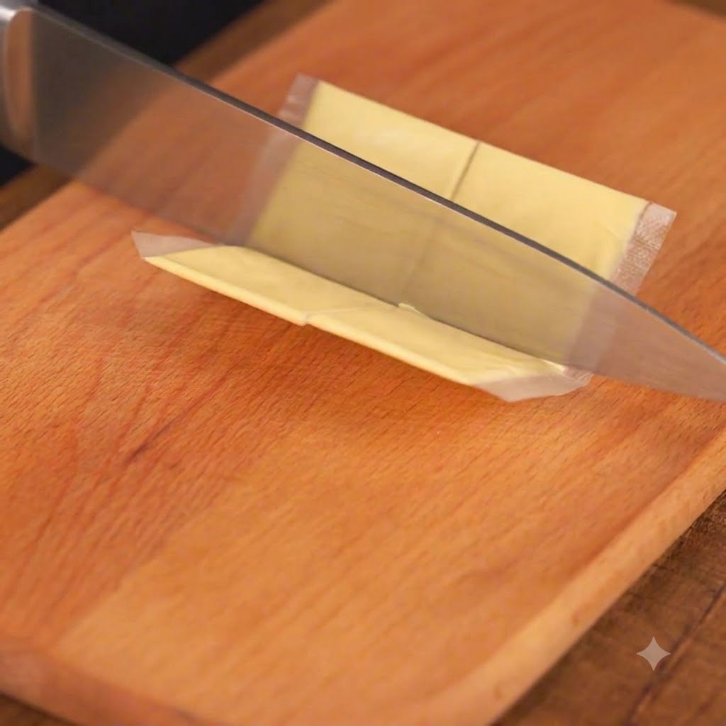 Una fetta di formaggio cheddar tagliata con un coltello da cucina su un tagliere di legno.