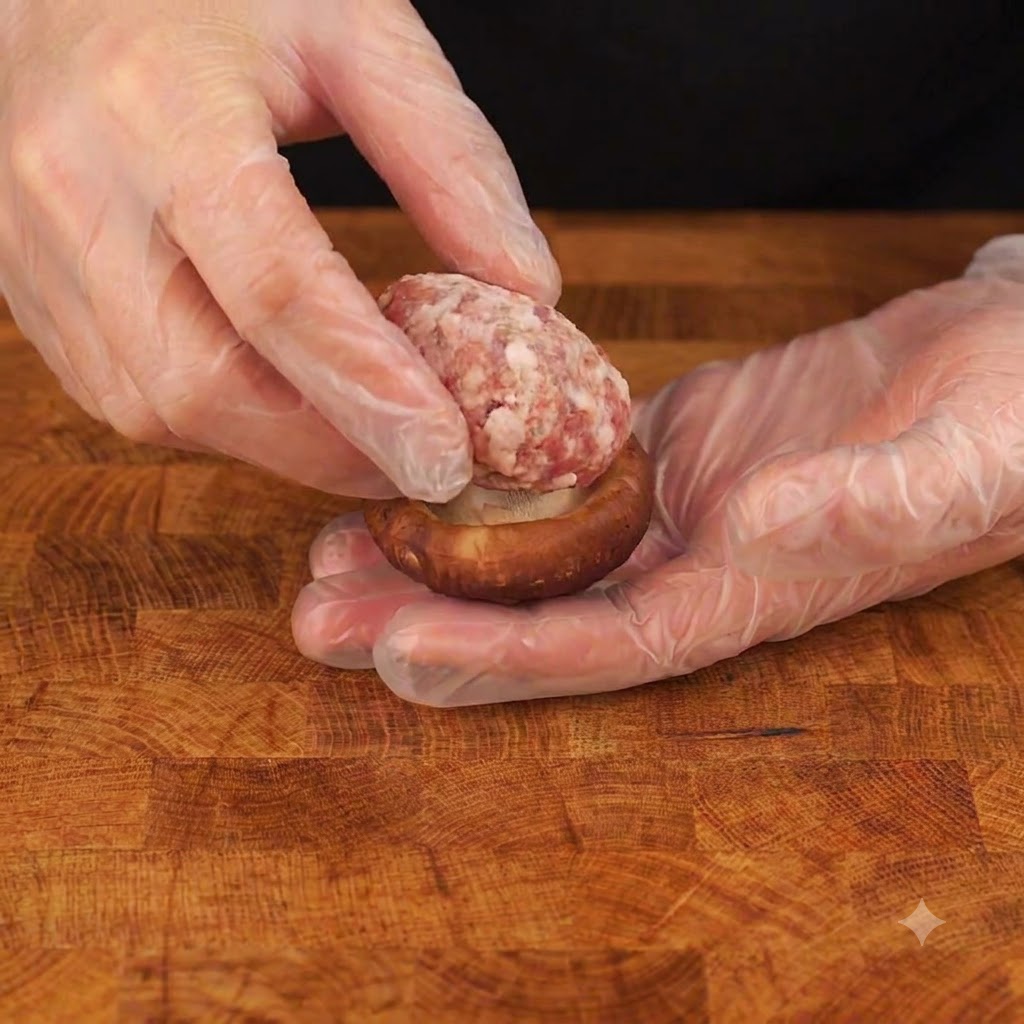 Una polpetta ripiena di formaggio premuta su una cappella di fungo shiitake da una mano con i guanti.