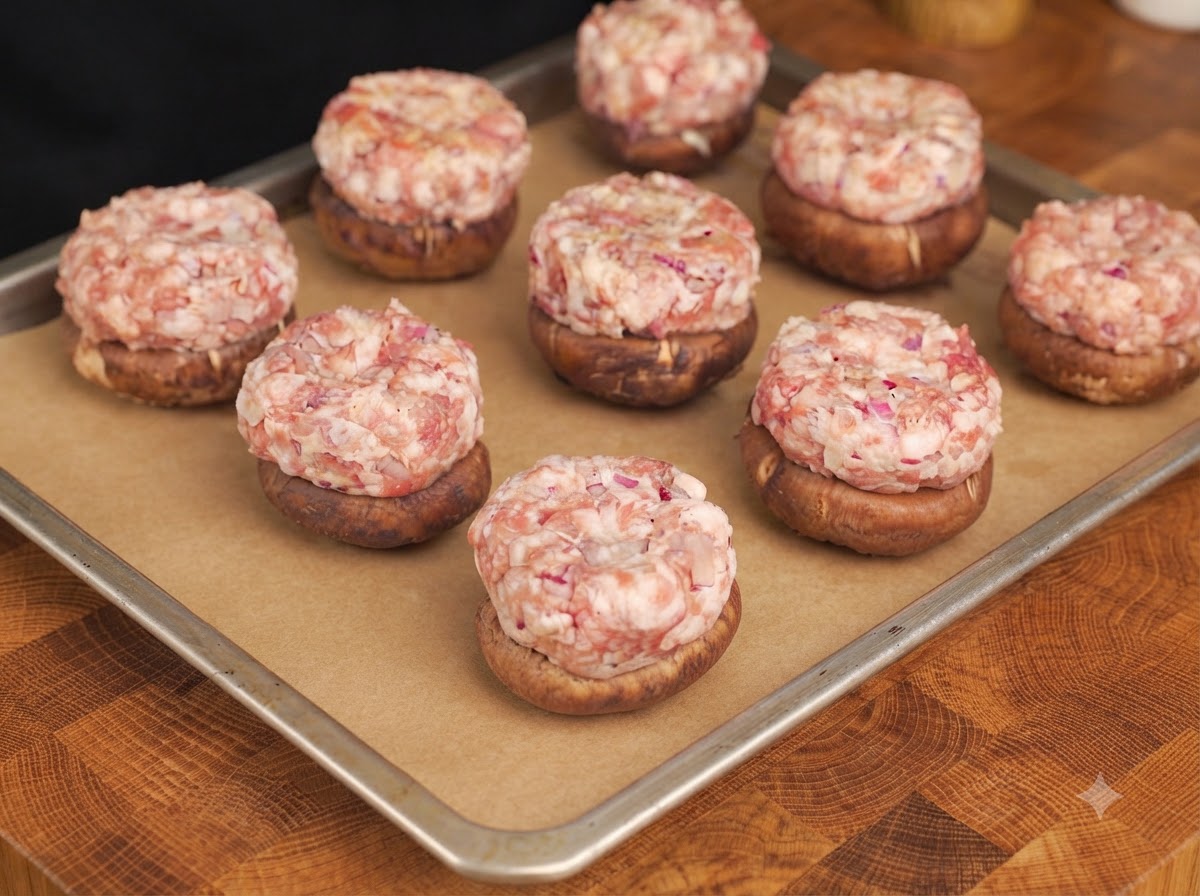 Polpette di funghi ripiene allineate su una teglia con carta da forno che ricevono uno spray dolio.