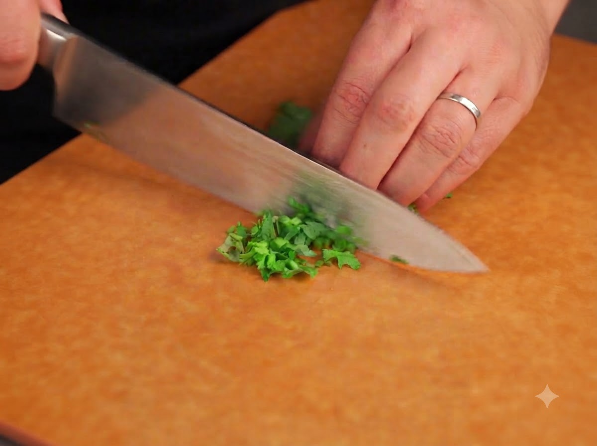 Pomodori freschi, cipolla rossa e coriandolo tritati finemente su un tagliere con un coltello da cucina.