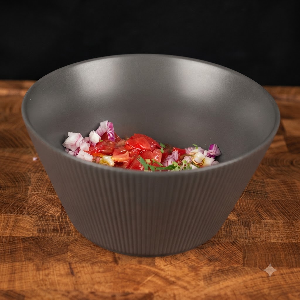 Pomodori a dadini, cipolle ed erbe aromatiche allinterno di una ciotola grigia conditi con olio doliva e spezie.