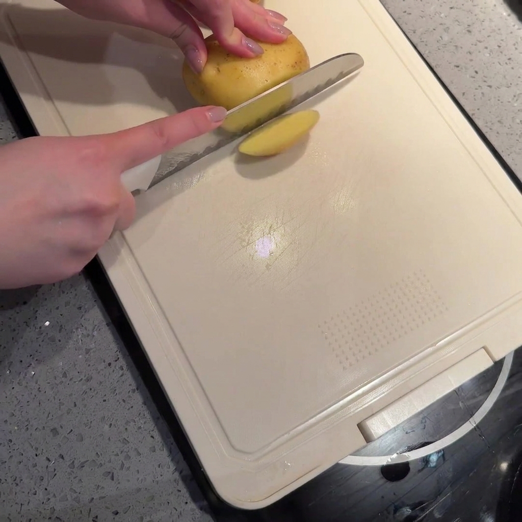 Patate non pelate tagliate a bastoncini regolari su un tagliere bianco.