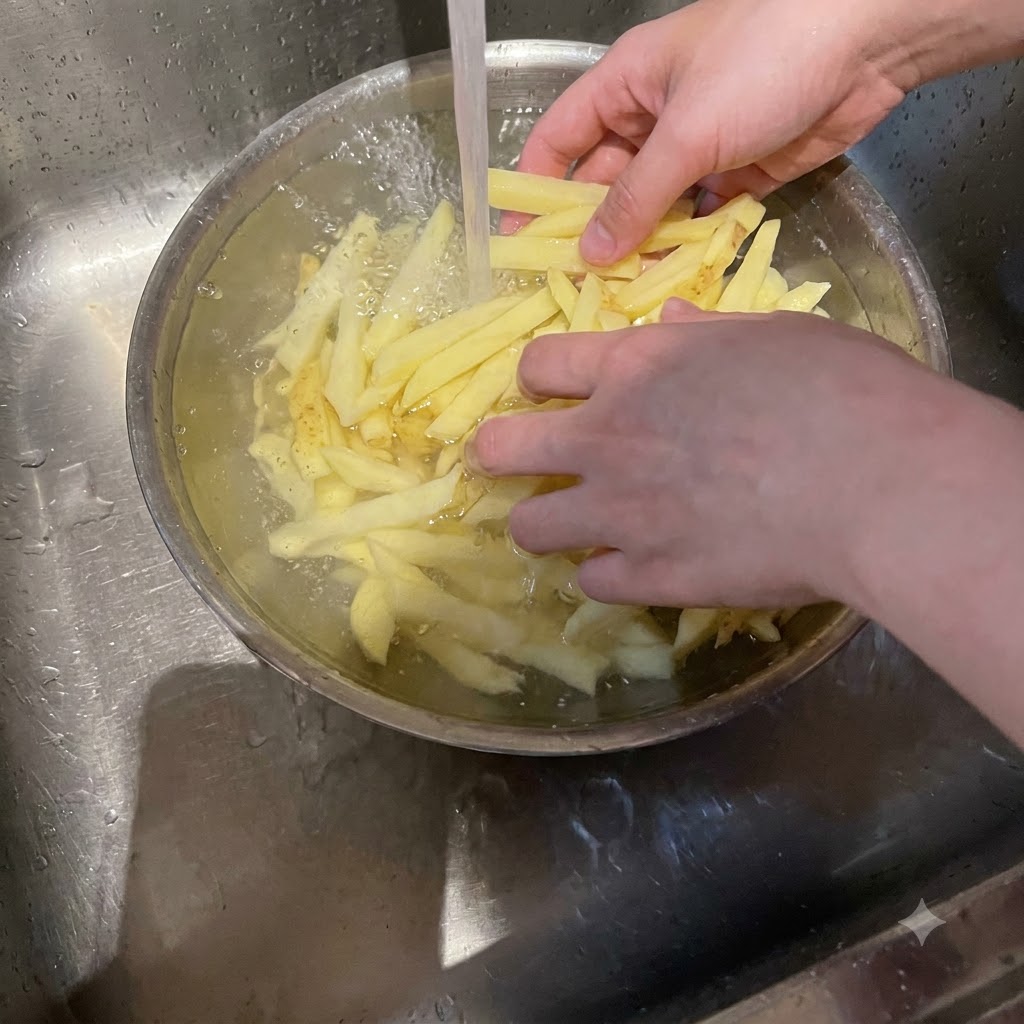 Bastoncini di patate in ammollo e lavati in una ciotola di metallo sotto lacqua corrente.