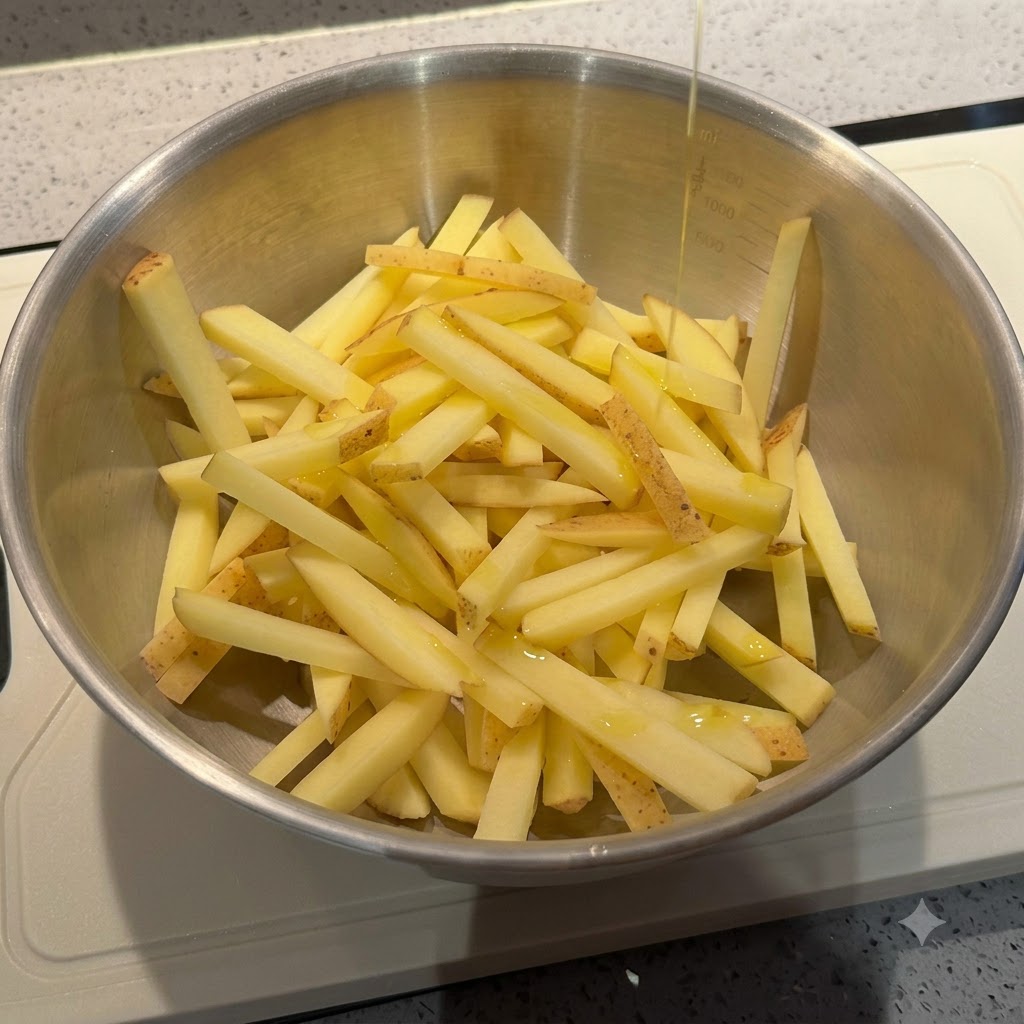 Bastoncini di patate in una ciotola di metallo conditi con olio doliva, sale e pepe.