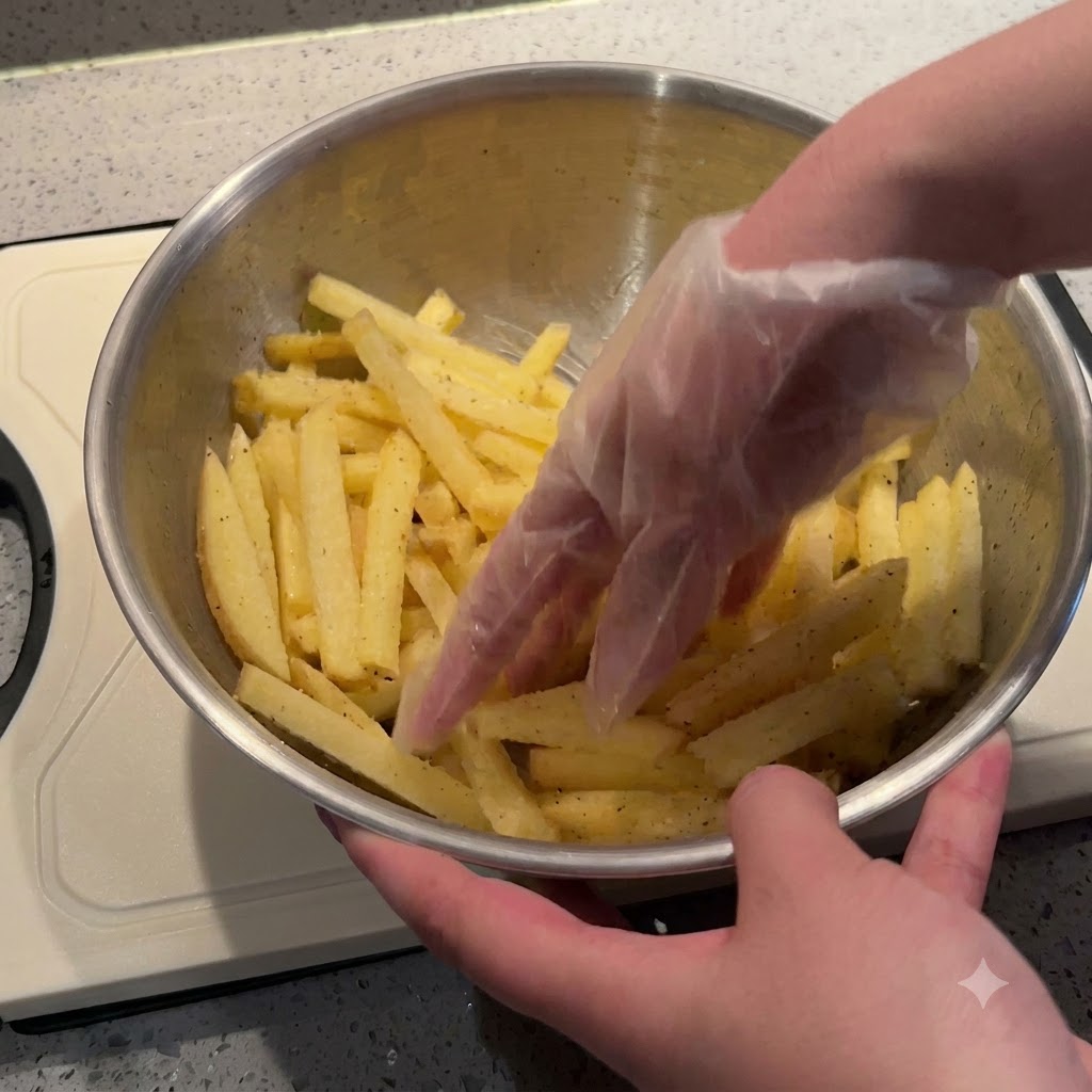 Bastoncini di patate conditi inseriti nel cestello verde menta di una friggitrice ad aria.
