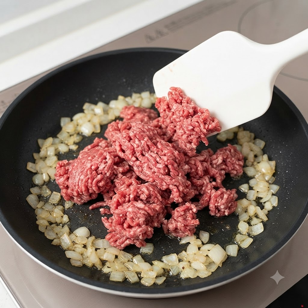 Carne macinata aggiunta in padella con le cipolle usando una spatola bianca.