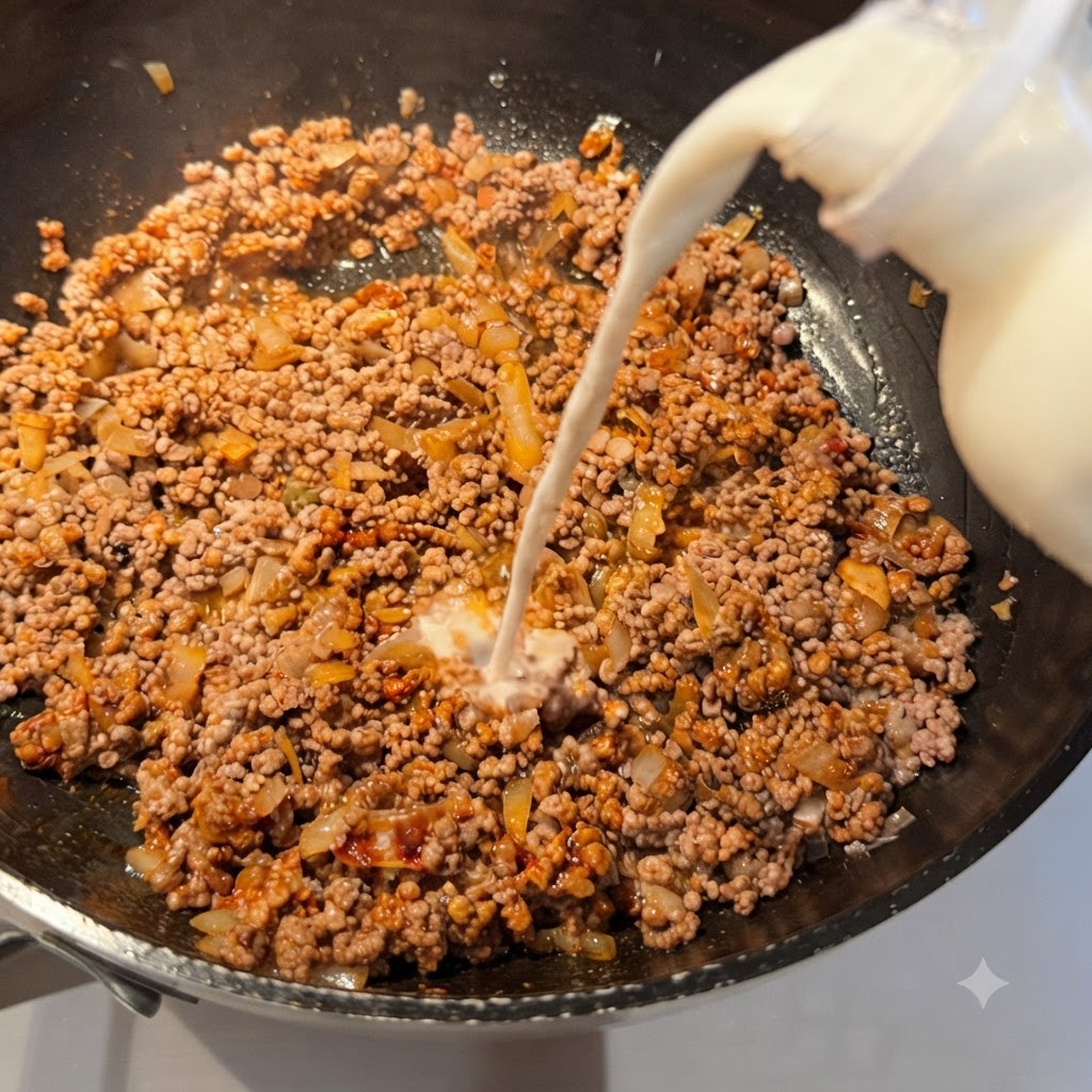 Latte scremato versato da una bottiglietta in una padella con carne macinata condita.