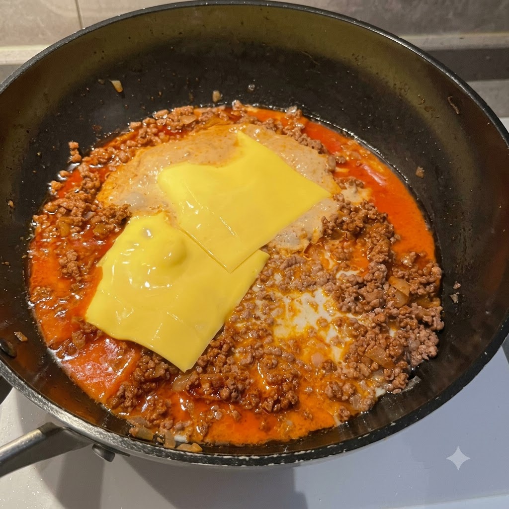Due fette di formaggio giallo adagiate sopra la salsa di carne in ebollizione in una padella.