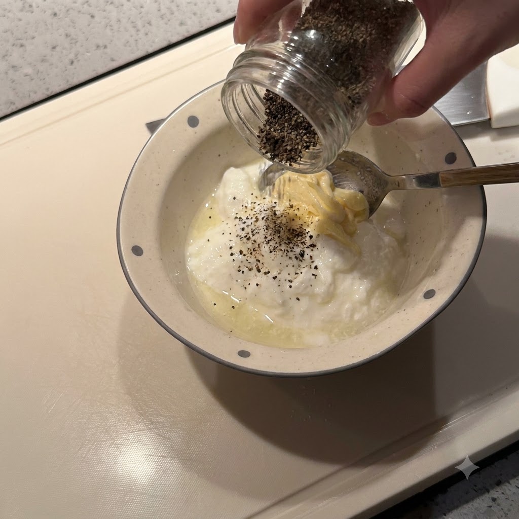 Pepe nero e altri ingredienti aggiunti in una ciotola di yogurt e maionese.