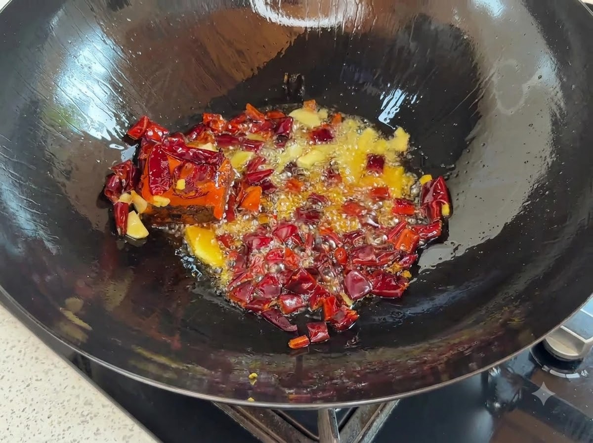 Peperoncini rossi secchi, fette di zenzero e un blocco di base rossa per hot pot che sfrigolano in un wok.