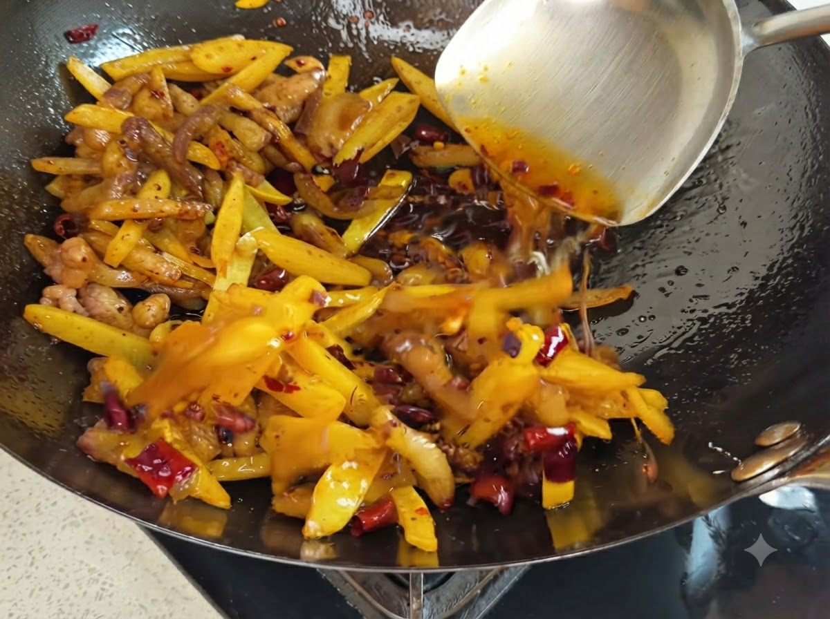 Una spatola in metallo che mescola straccetti di maiale fritto, patate dorate e peperoncini secchi in un wok rivestito di olio piccante rosso.