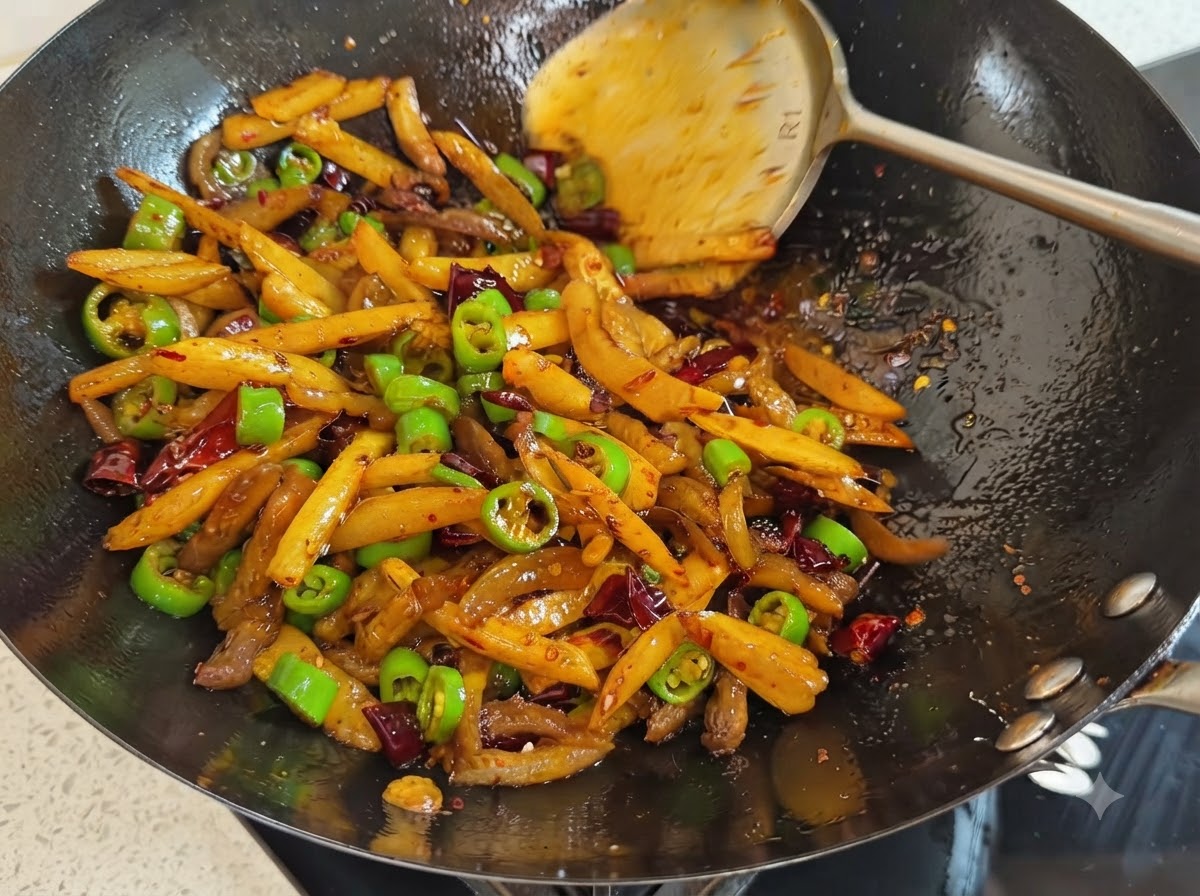 Una spatola in metallo che mescola un mix di patate dorate, maiale, peperoncini rossi e fette di peperoncino verde brillante in un wok scuro.