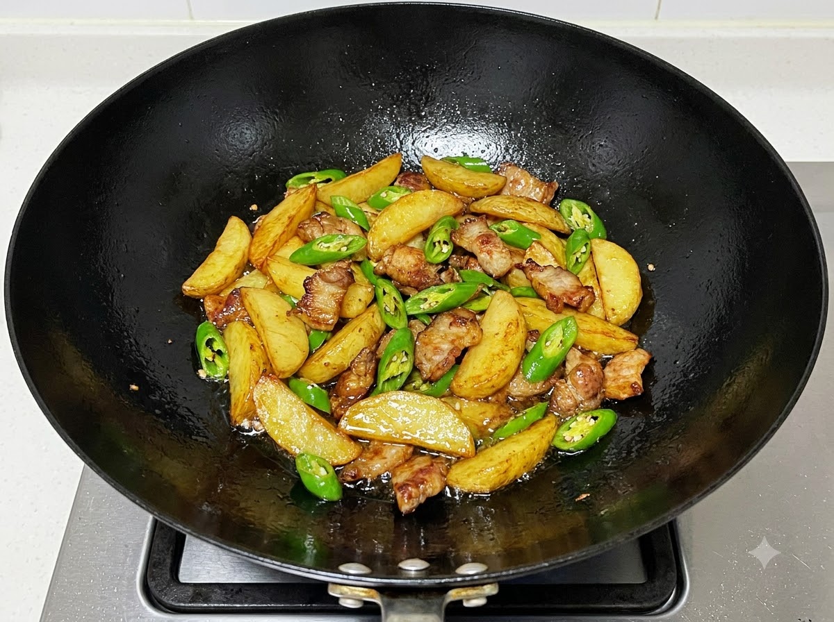 Un piatto di dry pot finito con patate, maiale e peperoncini verdi allinterno di un wok nero, pronto per essere servito.