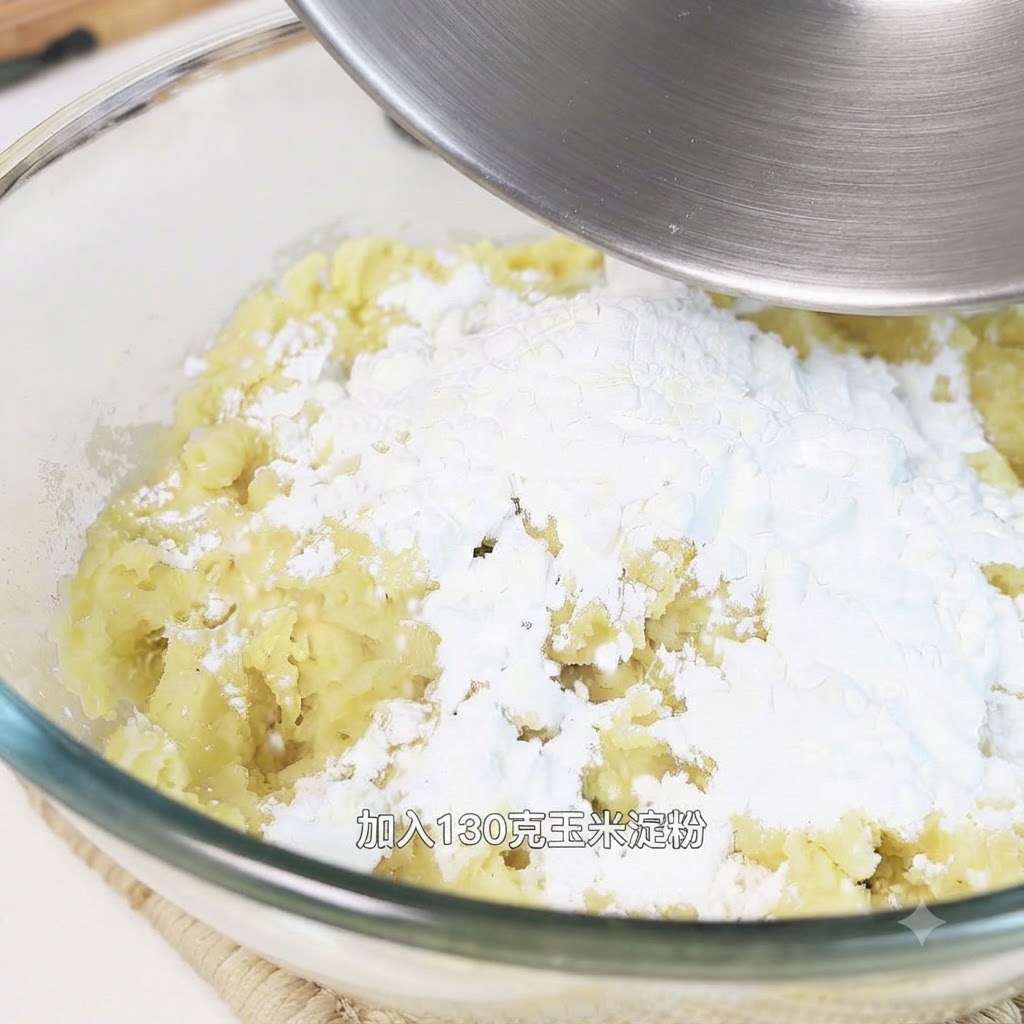 Amido di mais versato sul purè di patate in una ciotola di vetro, pronto per essere mescolato a mano.