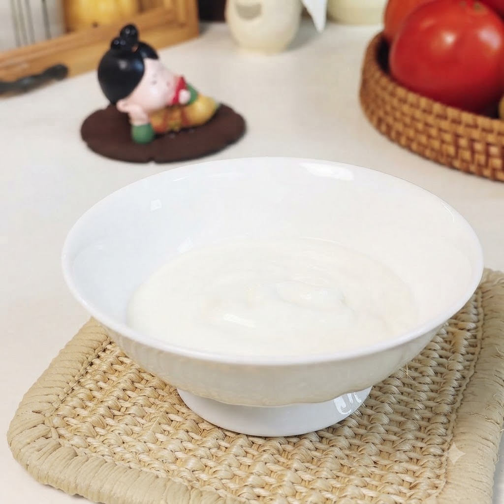 Yogurt bianco unito a senape al miele, sale marino e pepe nero in una ciotola bianca mescolato con un cucchiaio.