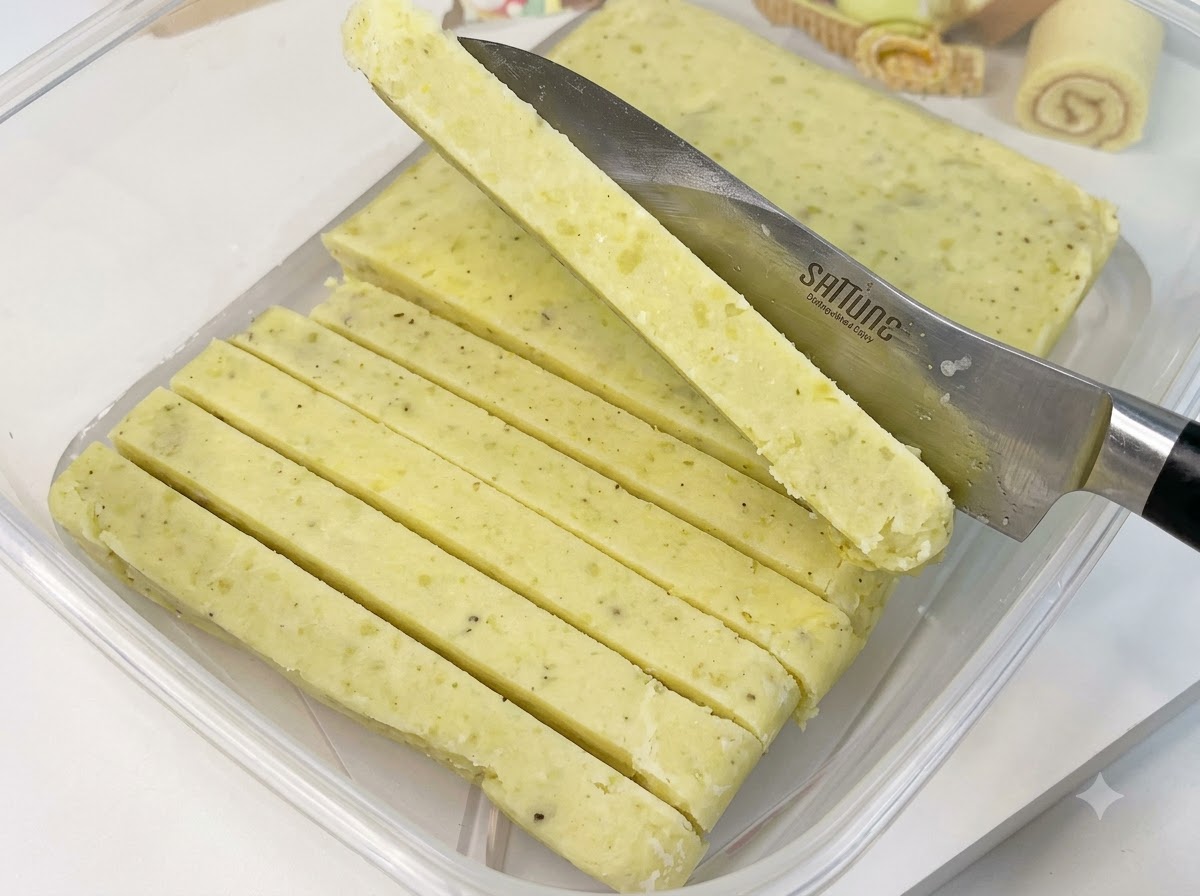 Strisce di patate immerse in olio da cucina caldo allinterno di una padella.