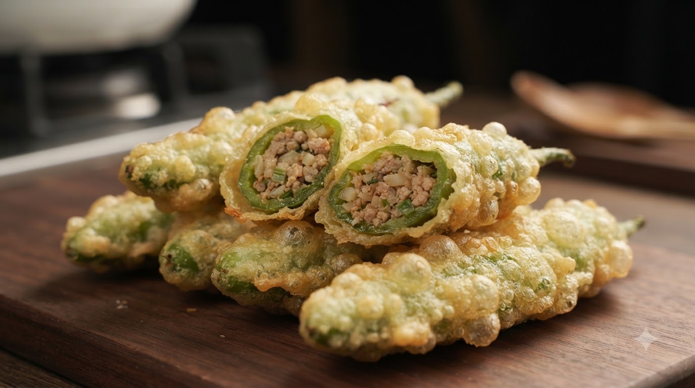 Peperoni Verdi Ripieni Croccanti con Maiale e Castagne d'Acqua