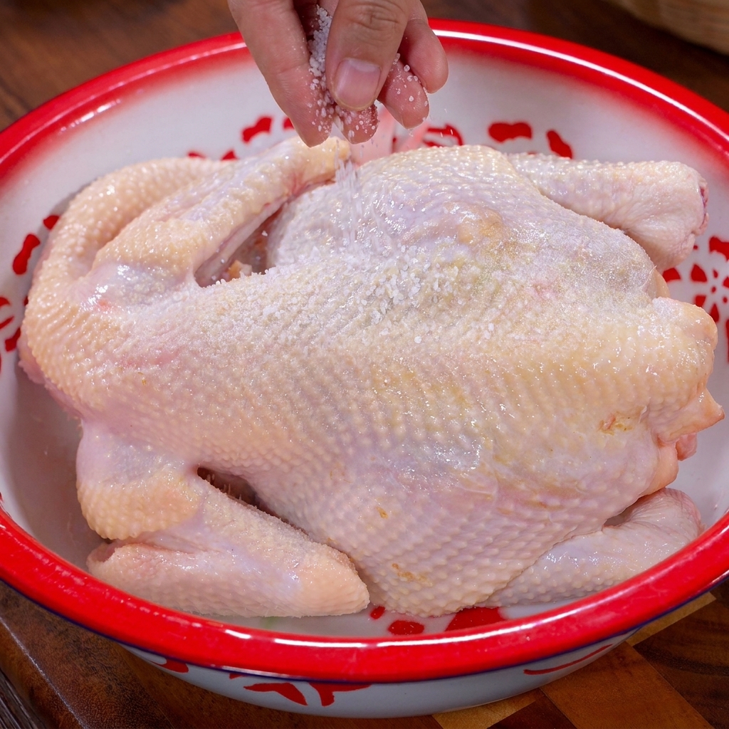 Un pollo intero crudo in una bacinella con bordo rosso su cui viene cosparso sale grosso.