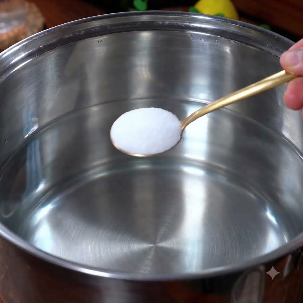 Una pentola di metallo sul fuoco contenente acqua, sale, cipollotti, zenzero e baccelli di gardenia.