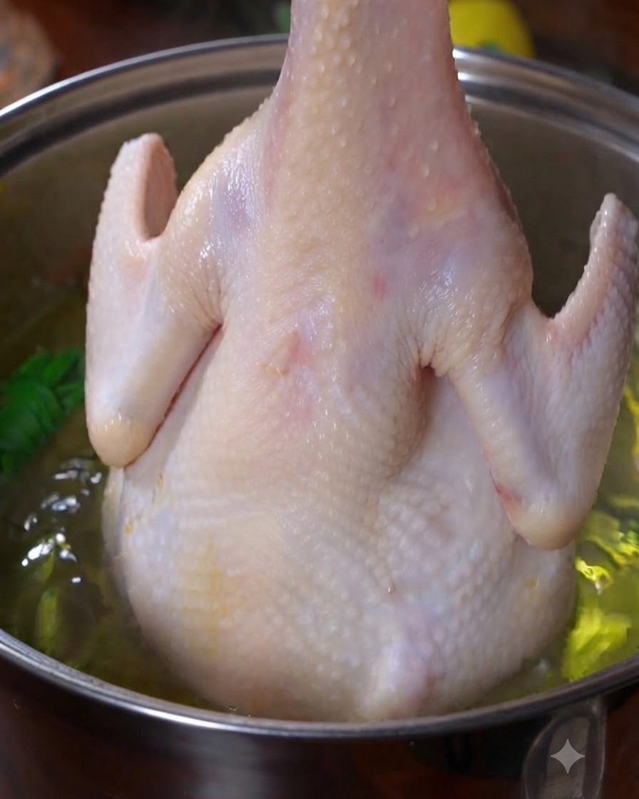 Una mano che tiene un pollo intero per il collo, immergendolo in una pentola di acqua bollente.