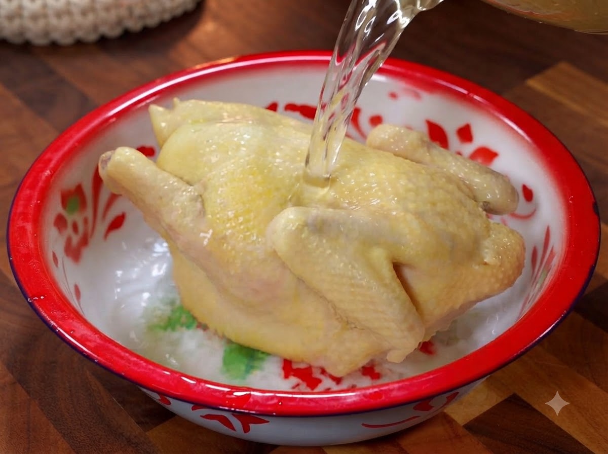 Un pollo intero cotto posizionato allinterno di una bacinella con bordo rosso mentre viene versata acqua ghiacciata.