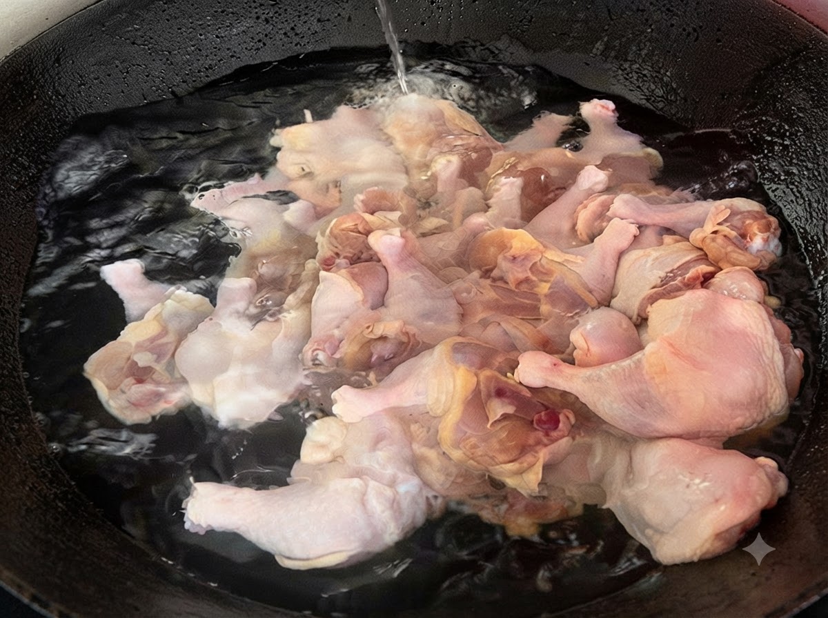 Cosce di pollo fresche sommerse nellacqua fredda allinterno di un grande wok nero.