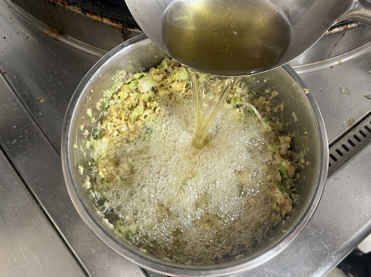 Olio fumante versato in una ciotola di aromi triturati, creando bolle.
