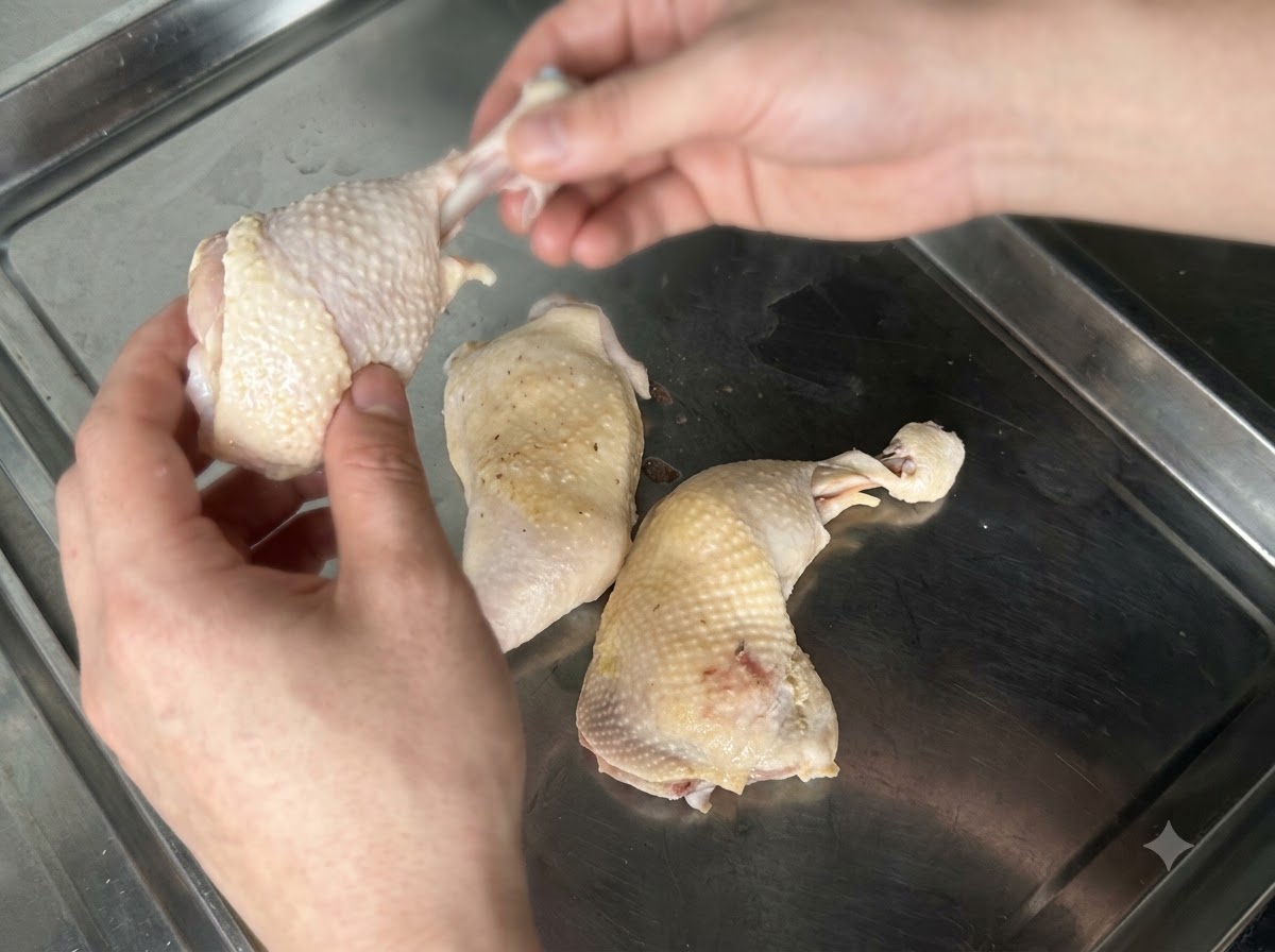 Cosce di pollo cotte sollevate e adagiate su un vassoio piatto di metallo.