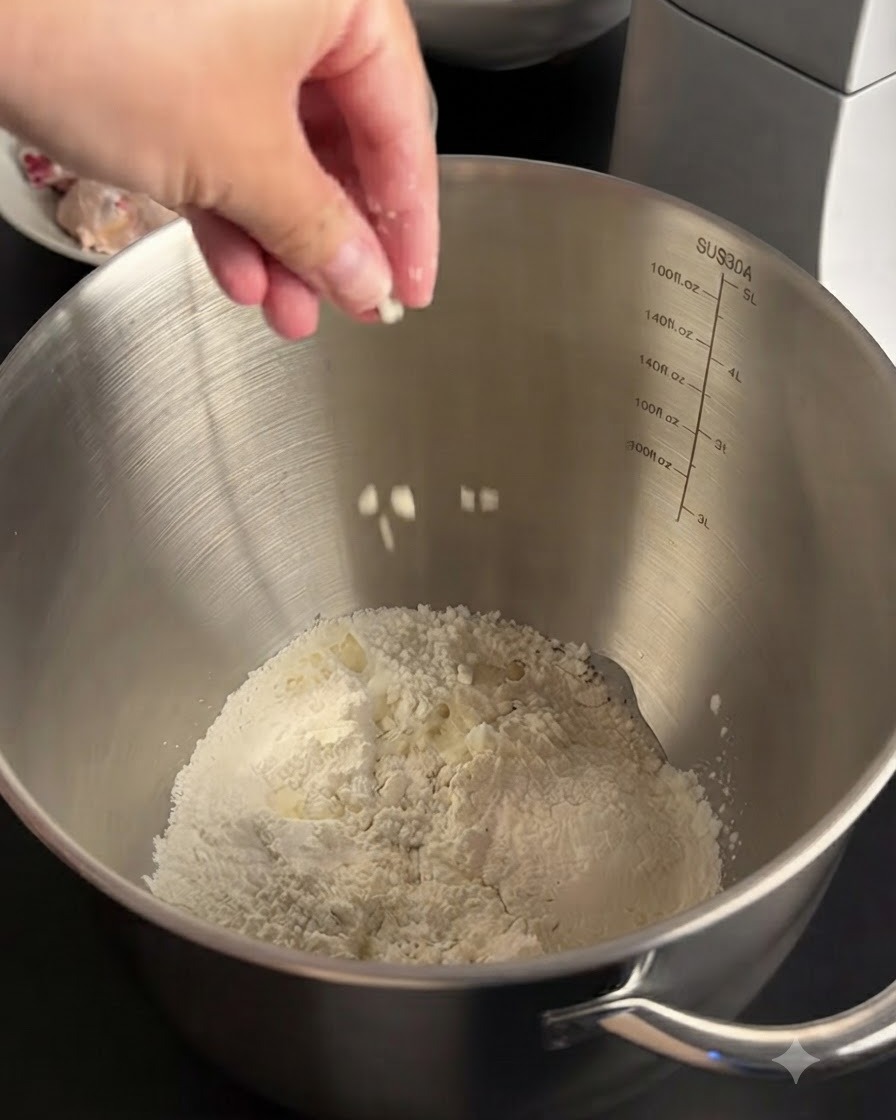 Una mano che sparge un piccolo pizzico di sale in una ciotola con farina e acqua.