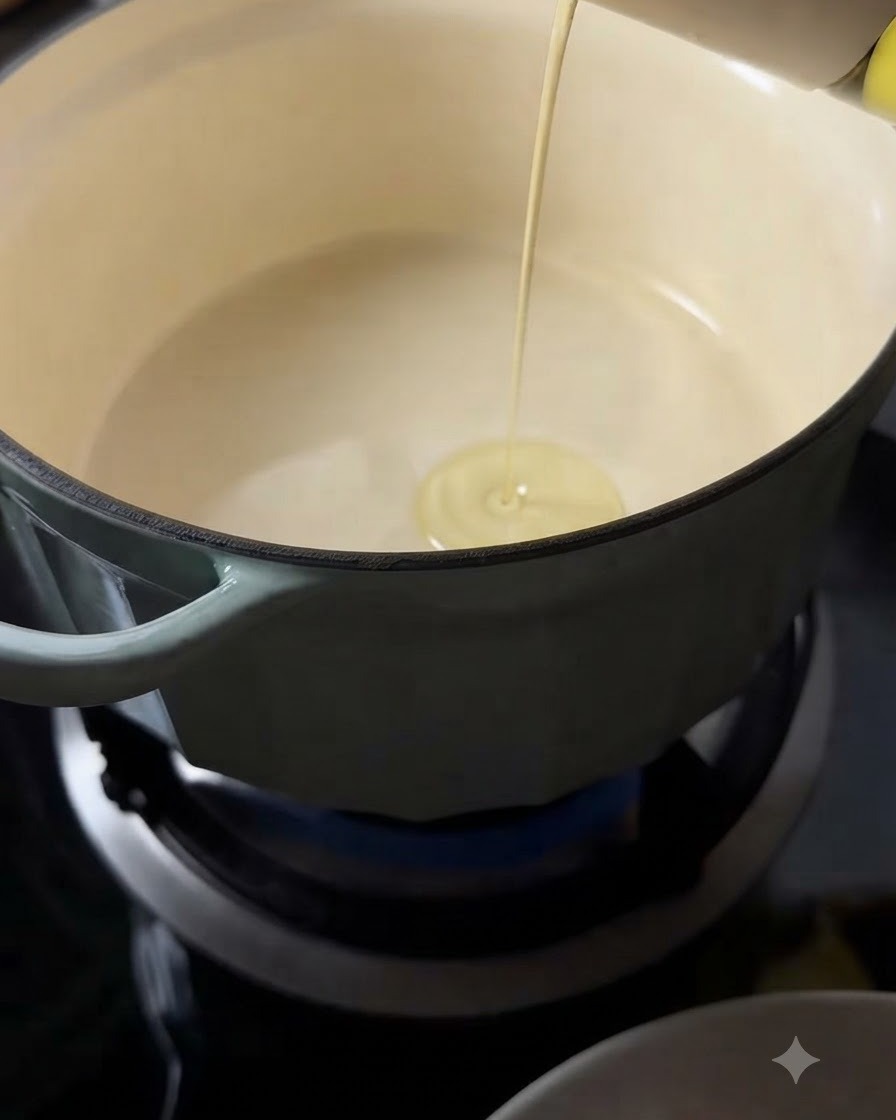Olio da cucina versato da un contenitore in una pentola verde chiaro su un fuoco.