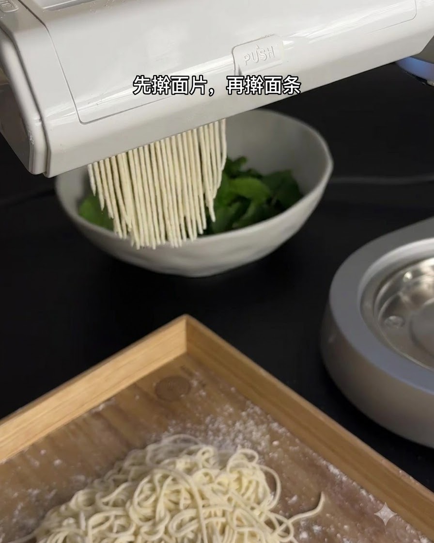 Noodles freschi sottili estrusi da un ugello su un asse di legno, con una ciotola di verdure sullo sfondo.