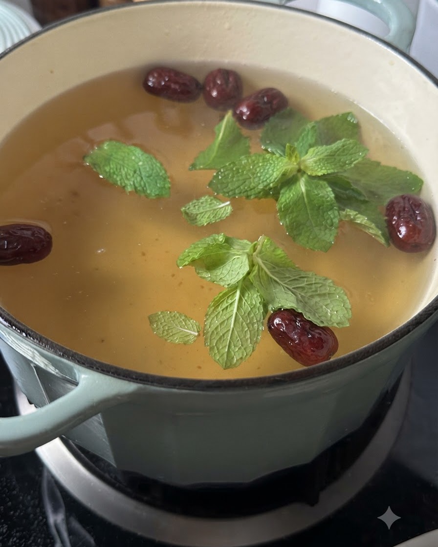 Foglie di menta fresca che galleggiano sopra una pentola di zuppa di pollo con datteri rossi.