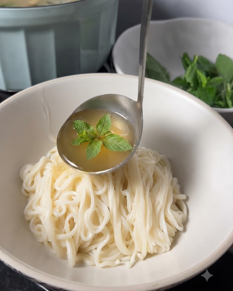 Un mestolo di metallo che versa brodo caldo di pollo con una foglia di menta sui noodles.