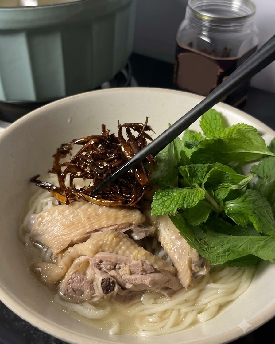 Un cucchiaio di funghi scuri conditi posizionato sopra la ciotola di noodles e pollo.