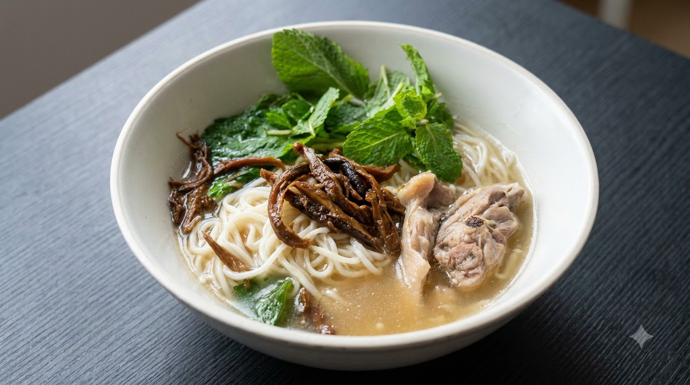 Zuppa di Noodles di Pollo alla Menta con Funghi e Pollo all'Olio