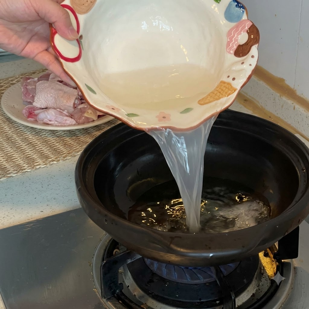 Versamento di liquido da una ciotola decorata in una pentola di terracotta nera su un fornello a gas.
