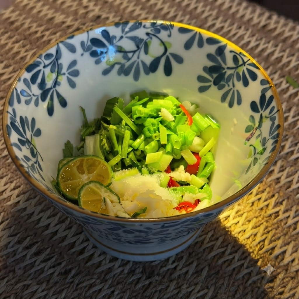 Una ciotola riempita con erbe tritate, aglio, peperoncino e spicchi di lime pronta per la preparazione della salsa.