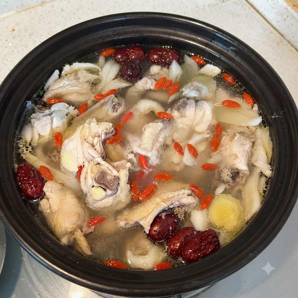 Bacche di goji essiccate sparse sulla superficie di una zuppa di pollo in ebollizione in una pentola nera.