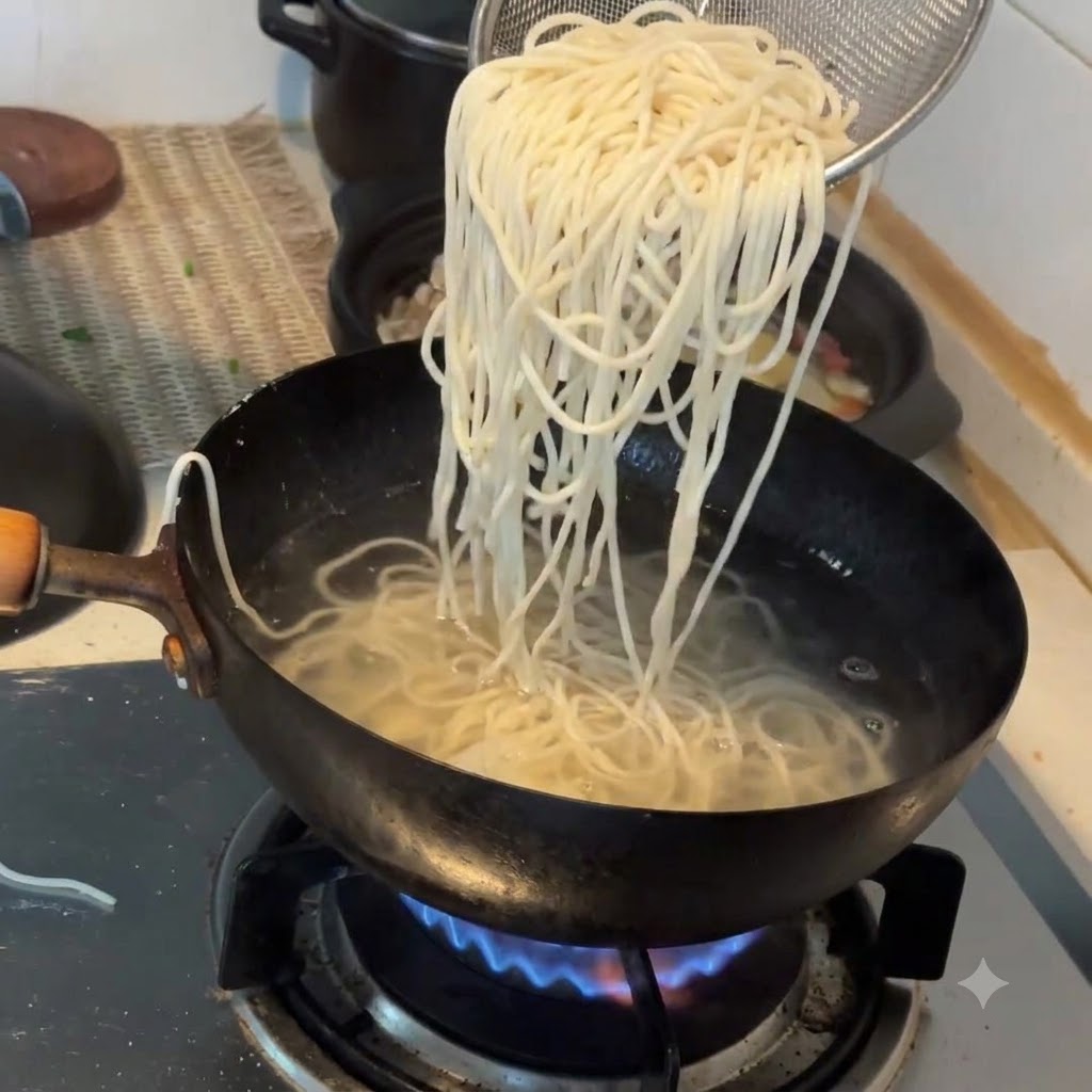 Sollevamento di noodle bianchi cotti da una padella bollente usando un colino a rete metallica.