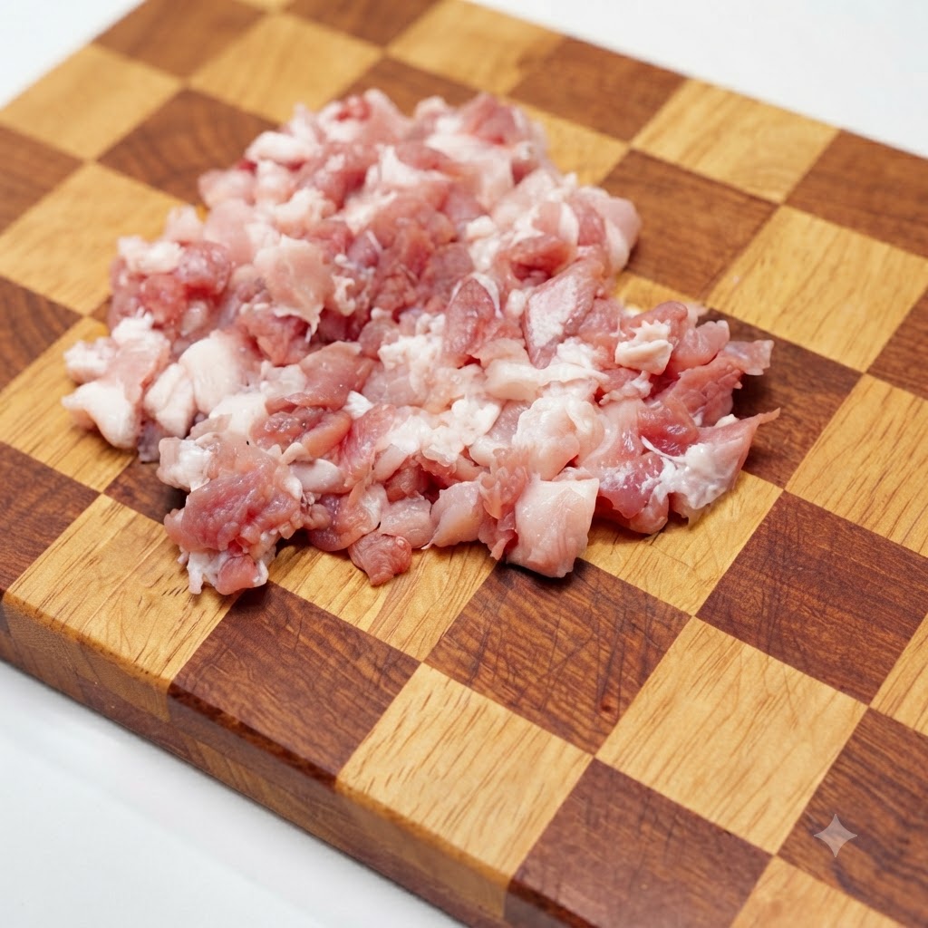 Pancetta di maiale tritata finemente in piccoli pezzi su un tagliere di legno a quadri.