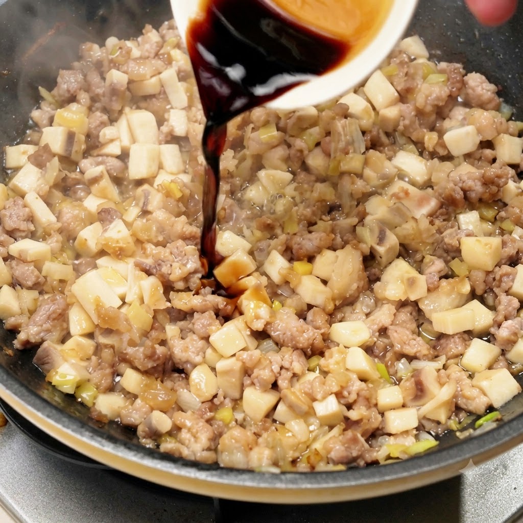 Salsa scura versata da una ciotolina bianca al centro della padella.
