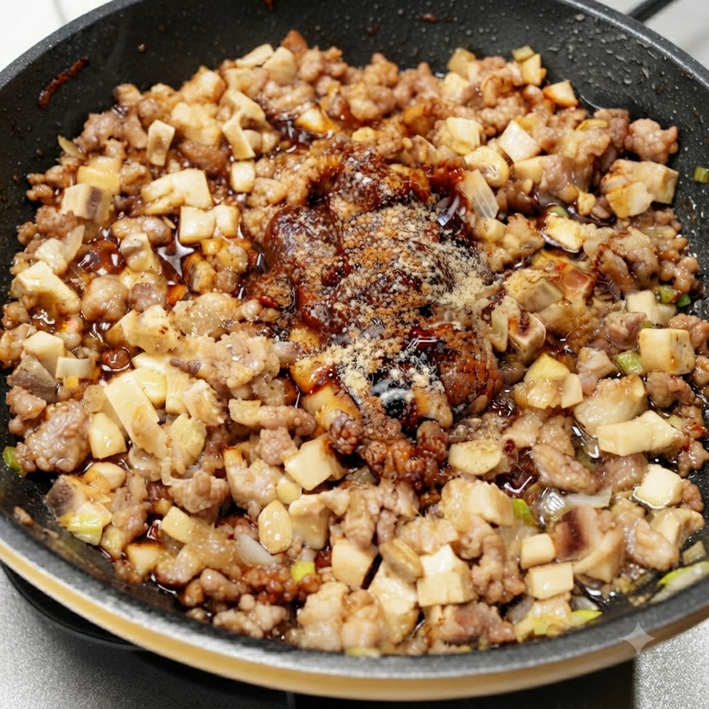 Il composto di carne e funghi in umido nella padella condito con spezie e acqua.