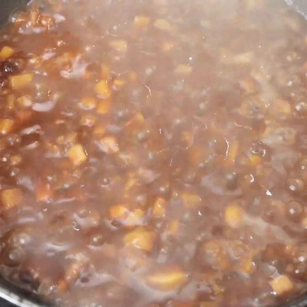 Amido in acqua fatto gocciolare in una pentola ribollente di saporita salsa marrone di carne tritata e funghi.