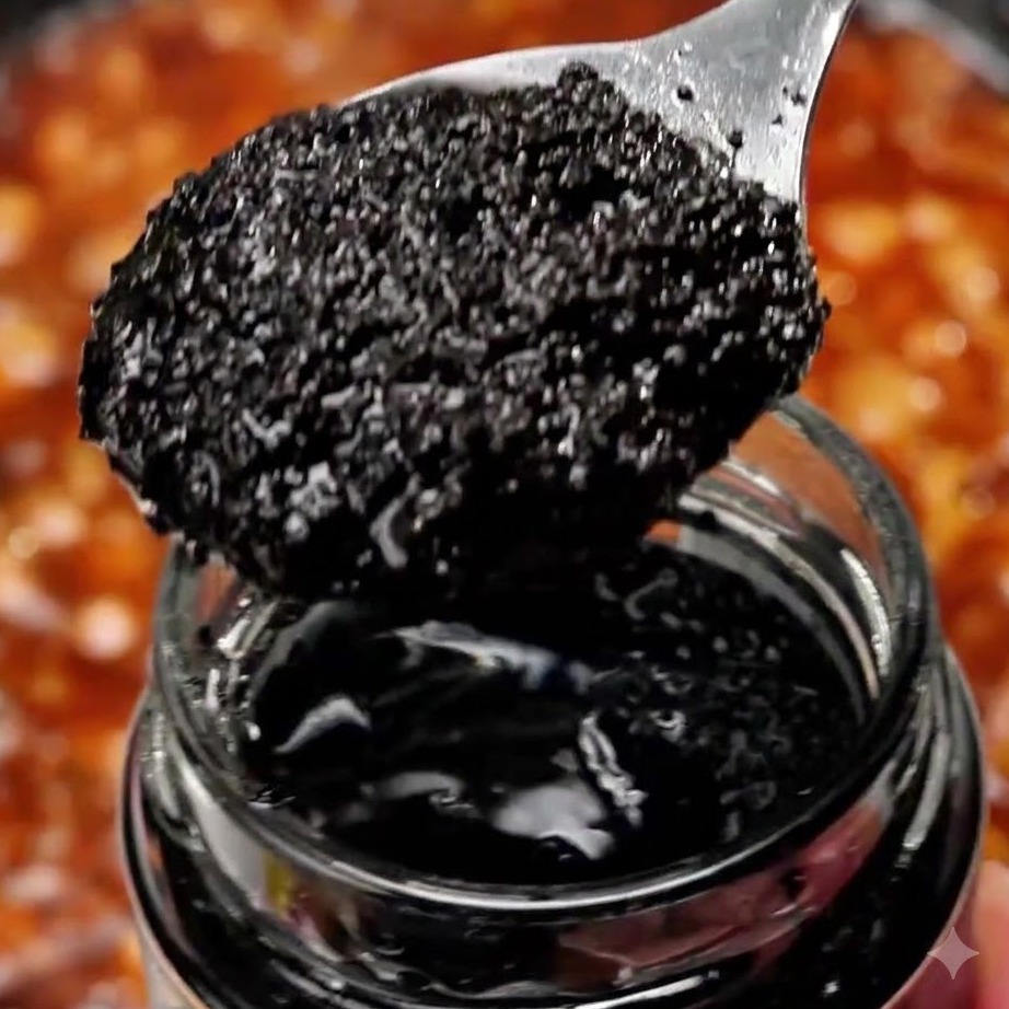 Un cucchiaio di salsa di tartufo nero tenuto sopra la salsa di carne in ebollizione in una padella.