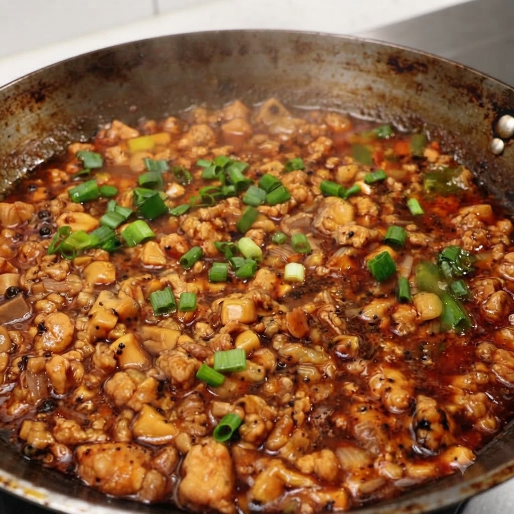 Cipollotti freschi tritati sparsi sulla salsa di carne in ebollizione in una padella.